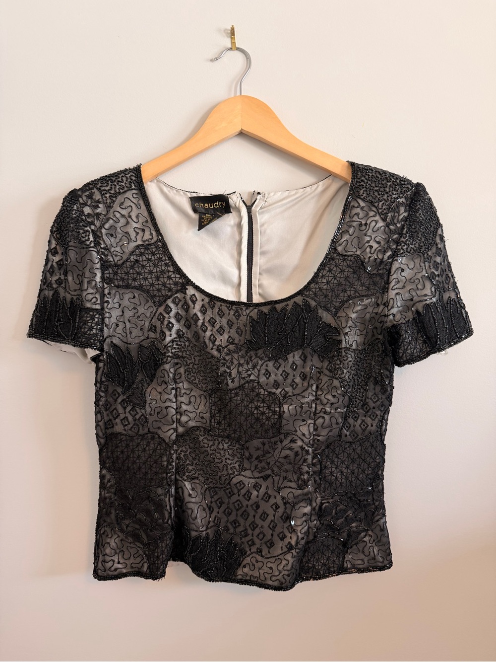 Vintage Chaudry Black Embroidered Short Sleeve Evening Blouse